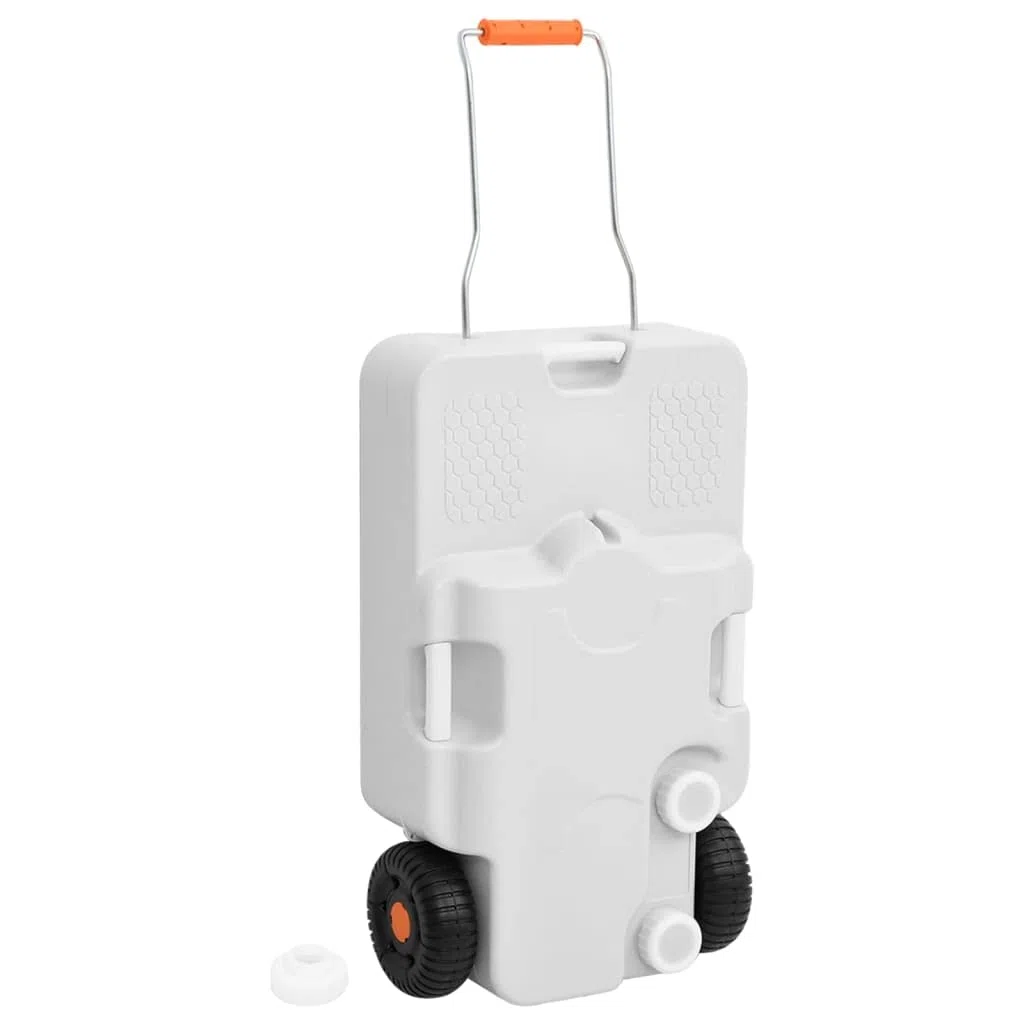 Depósito de agua portátil de 30 L de HDPE gris con ruedas para caravana y autocaravana, diseño práctico con mango ajustable, ideal para camping al aire libre