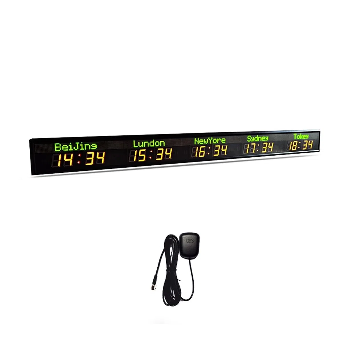 Gym Timer, Reloj de pared LED/Reloj de zona horaria del hotel/Reloj de hora mundial de 5 ciudades, nombre de ciudad verde, hora roja(GPS)